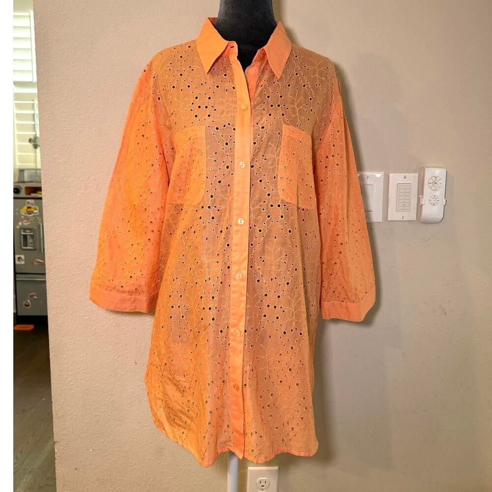 Chico's Eyelet 100% Cotton Blouse Size 2 (Large) Orange 3/4 Sleeve Button Down